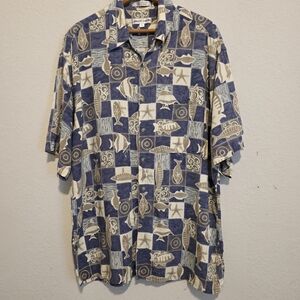 VTG Pierre Cardin Hawaiian Shirt Aloha Beach Island Camp Blue Fish Men's L